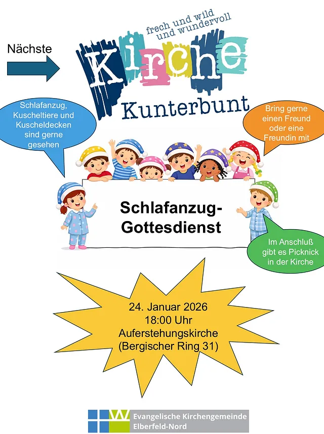 Flyer: Schlafanzug-Gottesdienst, 24. Januar 2026.