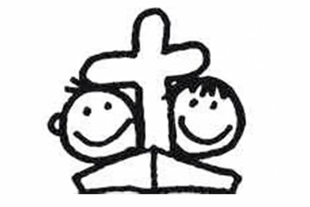 Strichzeichnung von zwei lächelnden Kindergesichtern hinter einem Kreuz.